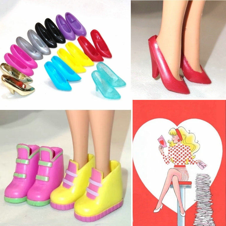 古董收藏老娃芭芘倒三角包胶素体 多巴胺糖果色浅口高跟鞋水晶鞋