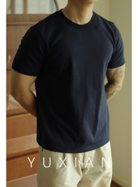 YUXIAN余闲无缝筒织全棉短袖270G复古打底春夏纯色T恤咔叽男士