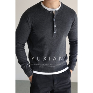 休闲商务男士 复古圆领纽扣针织衫 亨利领羊毛混纺男士 YUXIAN美式