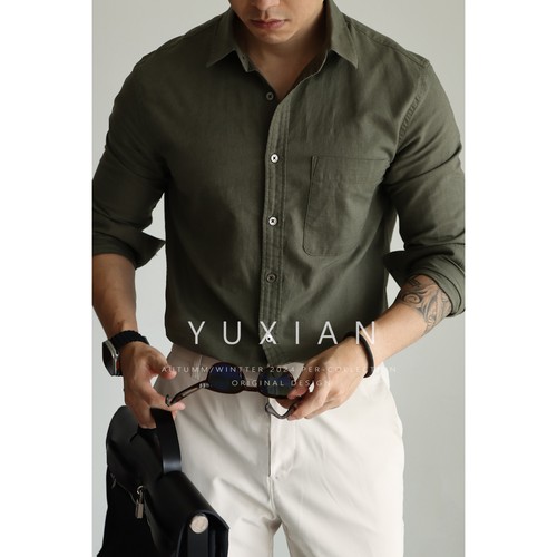 YUXIAN亚麻棉休闲商务长袖衬衫