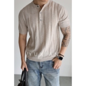 可机洗亚麻 高端UPW亚麻混纺老钱亨利领复古坑条透气针织短袖