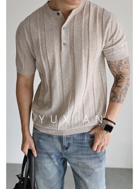 【可机洗亚麻】高端UPW亚麻混纺老钱亨利领复古坑条透气针织短袖
