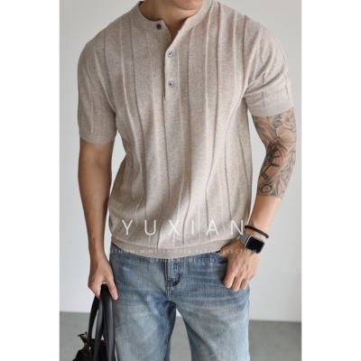 【可机洗亚麻】亨利领针织短袖