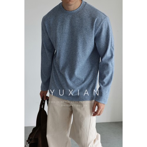YUXIAN美式坑条暖绒纯色T恤长袖