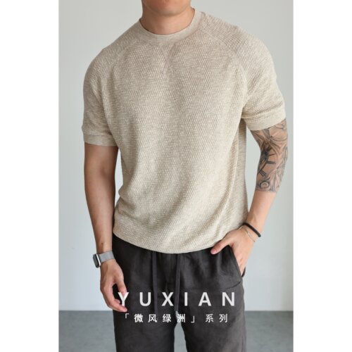 YUXIAN菠萝肌理意式针织圆领短袖