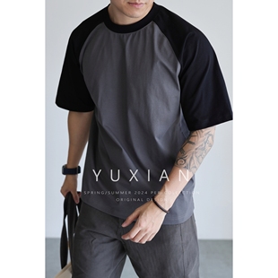 YUXIAN凉感Sorona棉质宽松拼色插肩短袖 撞色T恤速干日系休闲春夏