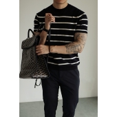 圆领纯色春夏季 复古男士 T恤美式 YUXIAN余闲进口14针条纹针织短袖