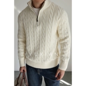 YUXIAN意式 100%精梳棉复古纽花半拉链针织长袖 纯棉毛衣复古秋冬男