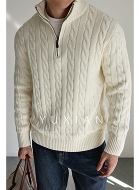 YUXIAN意式100%精梳棉复古纽花半拉链针织长袖纯棉毛衣复古秋冬男