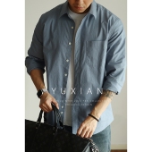 工装 YUXIAN日系纯棉衬衫 宽松纯色长袖 口袋休闲百搭复古衬衣春秋