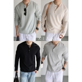 透气针织T恤春夏季 轻盈UPW亚麻透气老钱亨利领长袖 可机洗亚麻