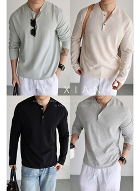 【可机洗亚麻】轻盈UPW亚麻透气老钱亨利领长袖透气针织T恤春夏季