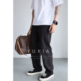 YUXIAN轻质100%精梳棉直筒宽松纯棉吸湿透气半松紧休闲长裤 春夏季