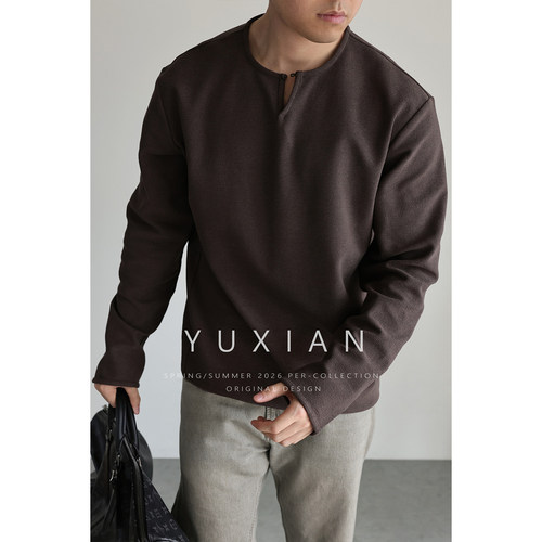 YUXIAN日系小毛圈V领棉质长袖T恤
