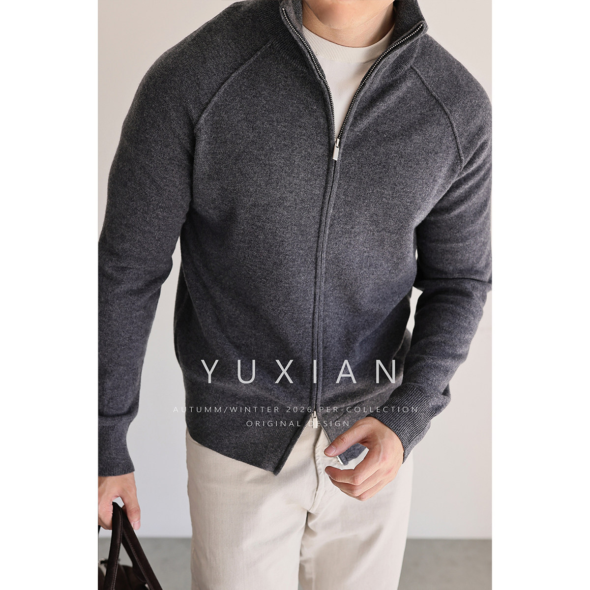 YUXIAN山羊绒羊毛坑条休闲商务老钱针织毛衣拉链修身长袖外套秋冬