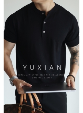 YUXIAN美式亨利领纯色凉感复古针织短袖T恤春夏冰丝高密弹力男士