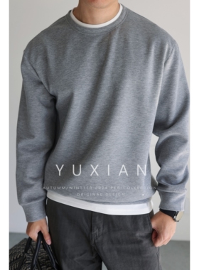 YUXIAN日系圆领太空棉假两件垂顺抗皱宽松长袖T恤百搭休闲春秋男