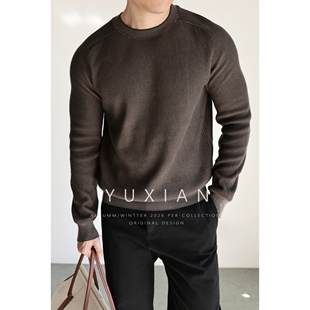 休闲商务毛衣套头纯色男士 YUXIAN秋冬意式 双色坑条纯棉针织长袖