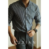 商务休闲轻熟外搭春秋冬男士 YUXIAN余闲牛津纺纯棉竖条纹长袖 衬衫