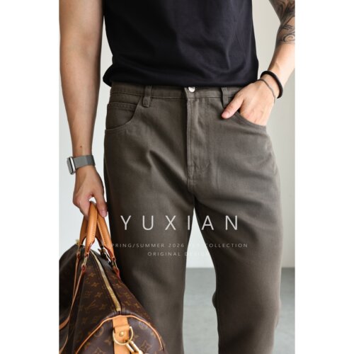YUXIAN意式全棉宽松直筒长裤男夏