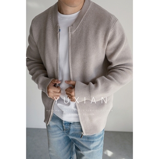 YUXIAN重磅精梳棉棒球领复古美式 纽扣外套休闲商务秋冬 针织开衫