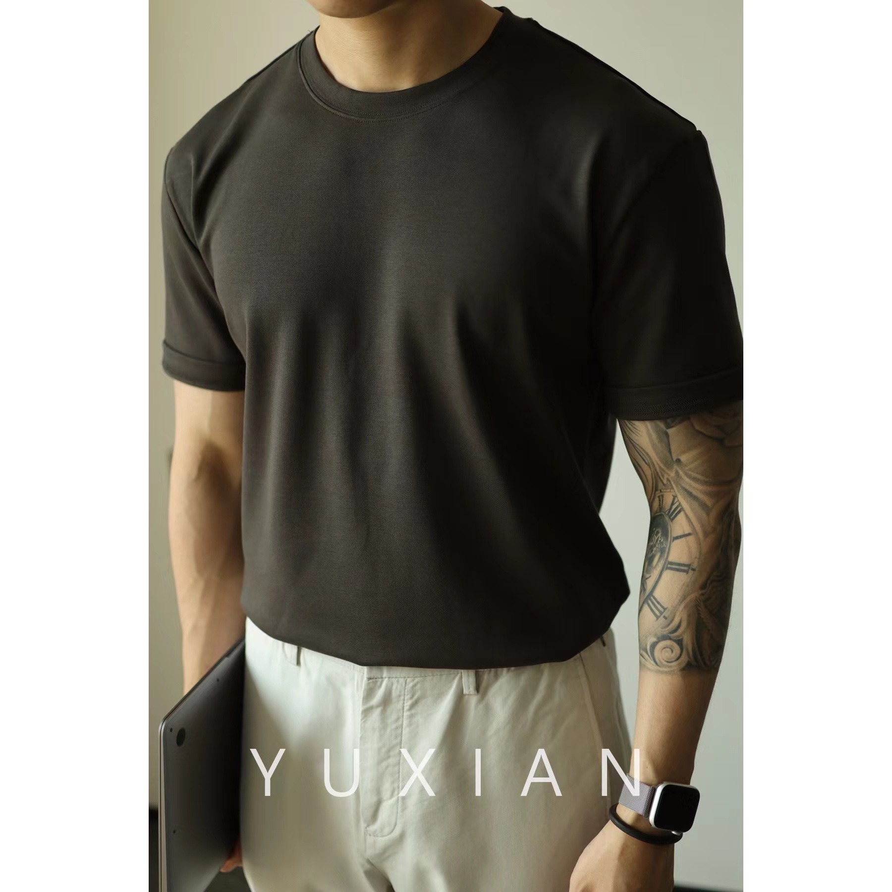 YUXIAN余闲春夏新款短袖T恤磨毛垂感柔顺纯色免烫男轻熟打底圆领