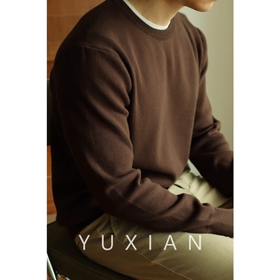 YUXIAN余闲秋冬纯棉弹力圆领毛衣针织衫 纯色休闲罗纹男女情侣 长袖