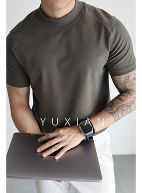 YUXIAN美式棉质磨毛小中领280克短袖休闲商务T恤纯色百搭圆领男士