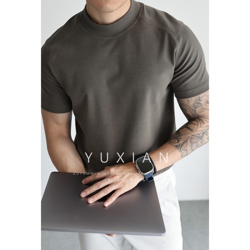 YUXIAN美式棉质磨毛小中领短袖