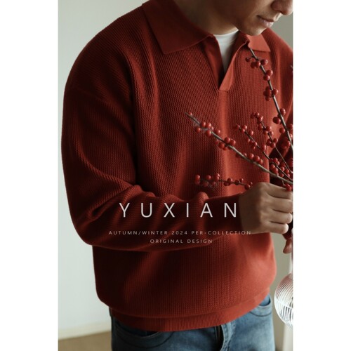 YUXIAN套头V领复古翻领长袖毛衣