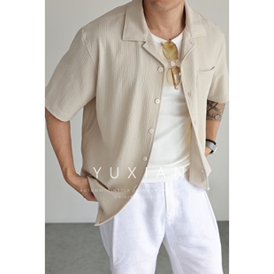 YUXIAN轻盈泡泡纱肌理古巴领短袖衬衫口袋吸湿透气宽松休闲度假男