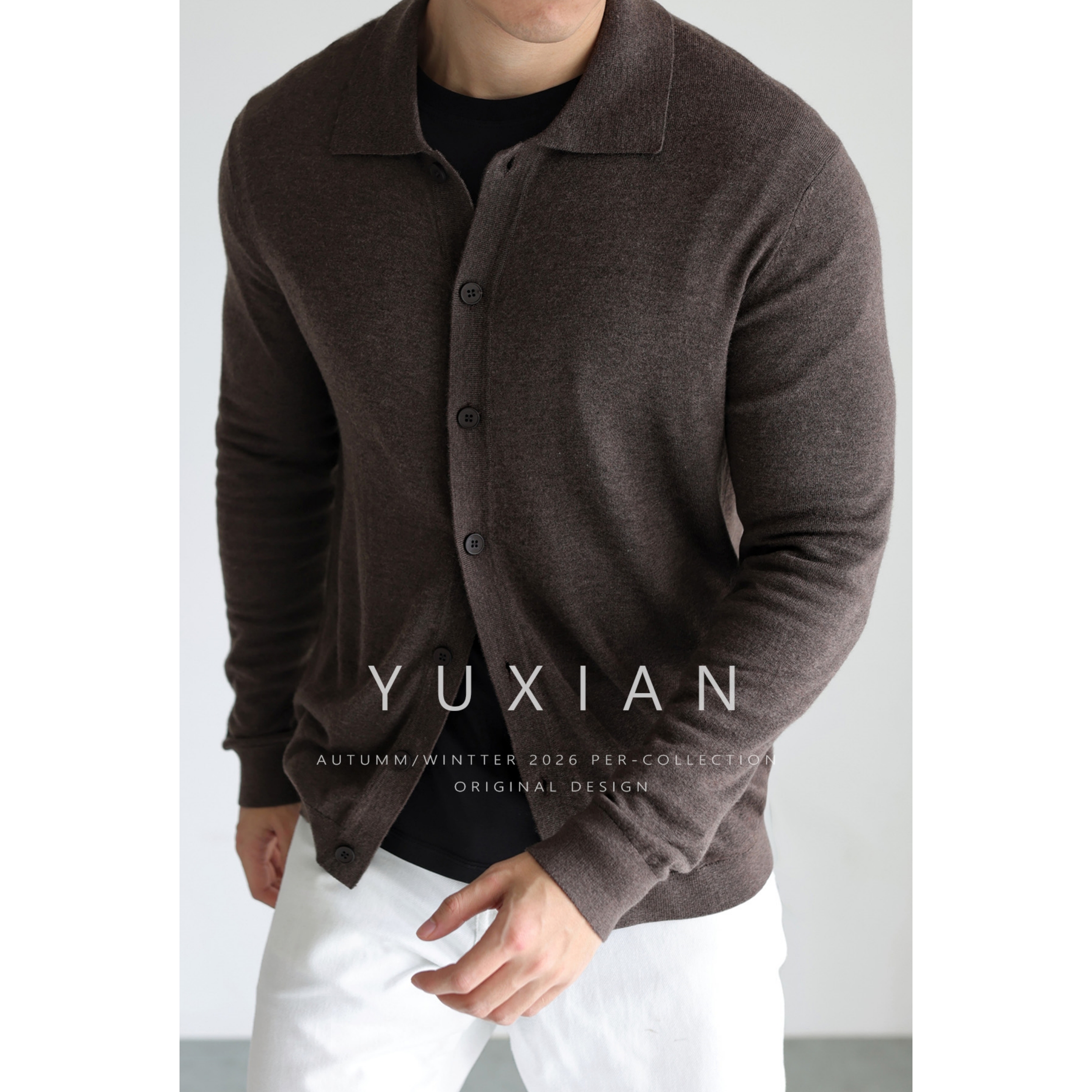YUXIAN美式薄款羊绒混纺高密14针翻领开衫毛衣长袖休闲商务春男士