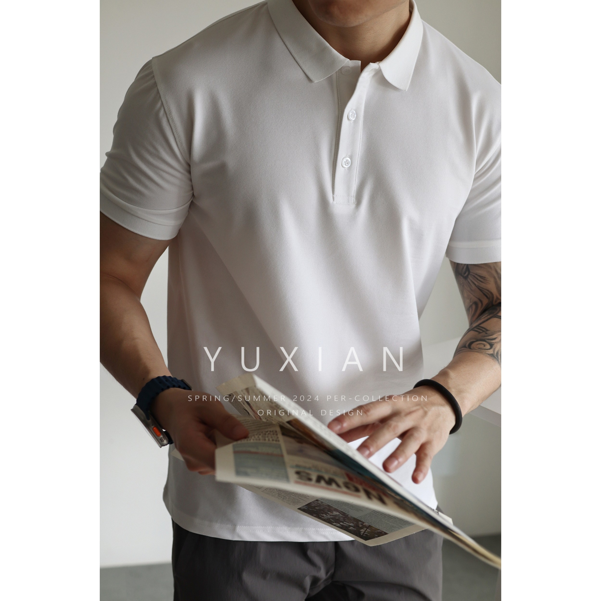 YUXIAN凉感丝光棉双珠地休闲商务POLO衫通勤纯色短袖男士翻领春夏