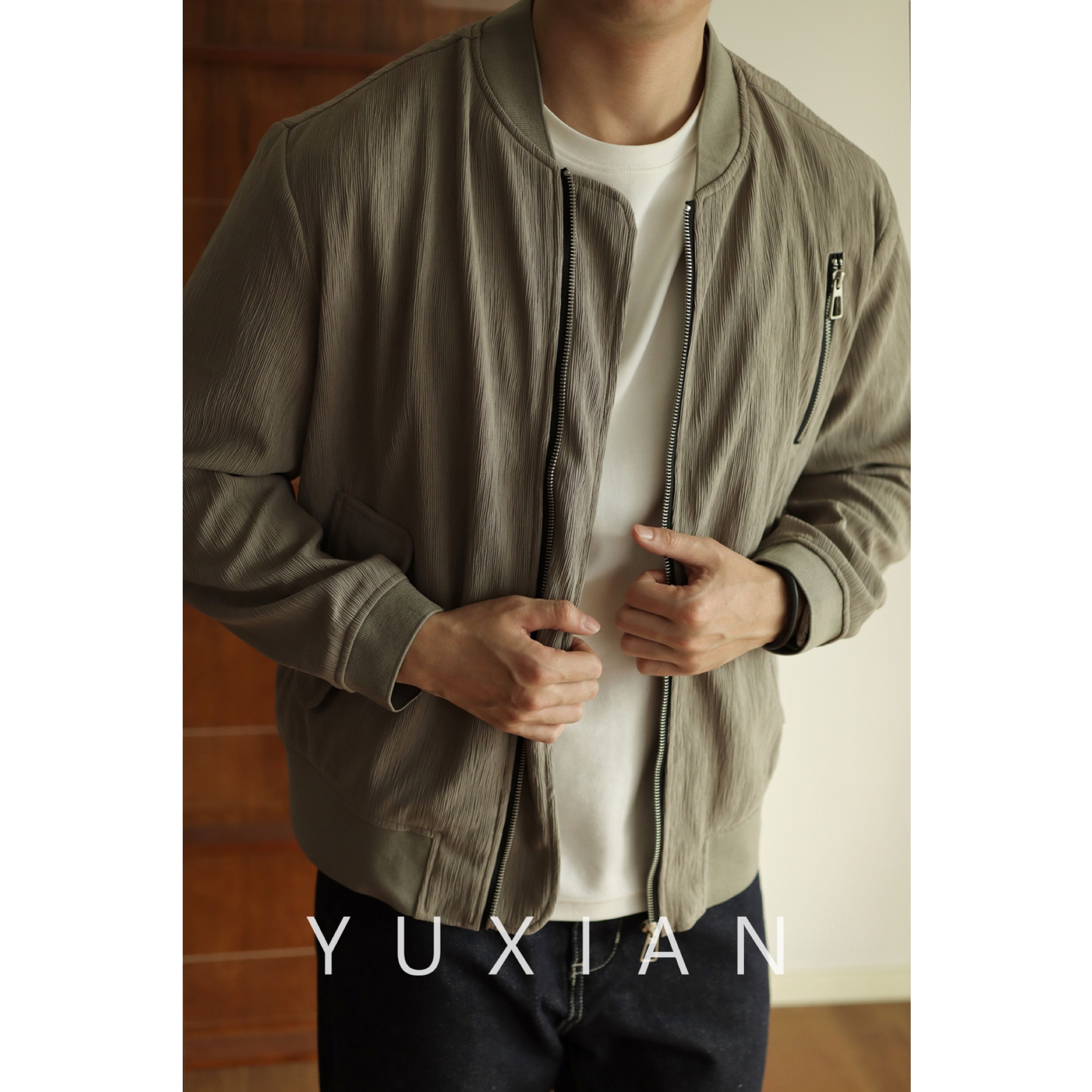 YUXIAN余闲春秋肌理感飞行员夹克棒球领外套男士休闲日系纯色复古,男装,夹克,淘宝优惠券,粉丝福利购,淘宝优惠卷