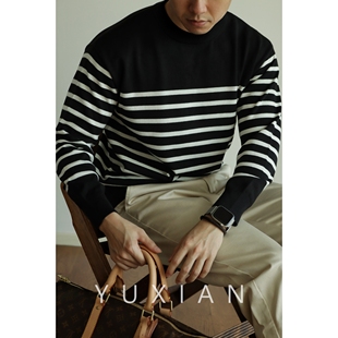 秋冬季 YUXIAN双股细毛复古条纹海魂衫 打底圆领男士 毛衣长袖 针织衫