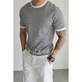 条纹针织短袖 YUXIAN美式 经典 抗皱休闲商务T恤圆领纯色春夏百搭男