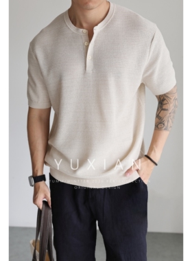 【天丝亚麻】意式透气天然亚麻混纺亨利领针织短袖休闲商务T恤夏