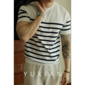 休闲商务春夏季 YUXIAN余闲日本ELITE冰丝条纹针织短袖 T恤复古男士