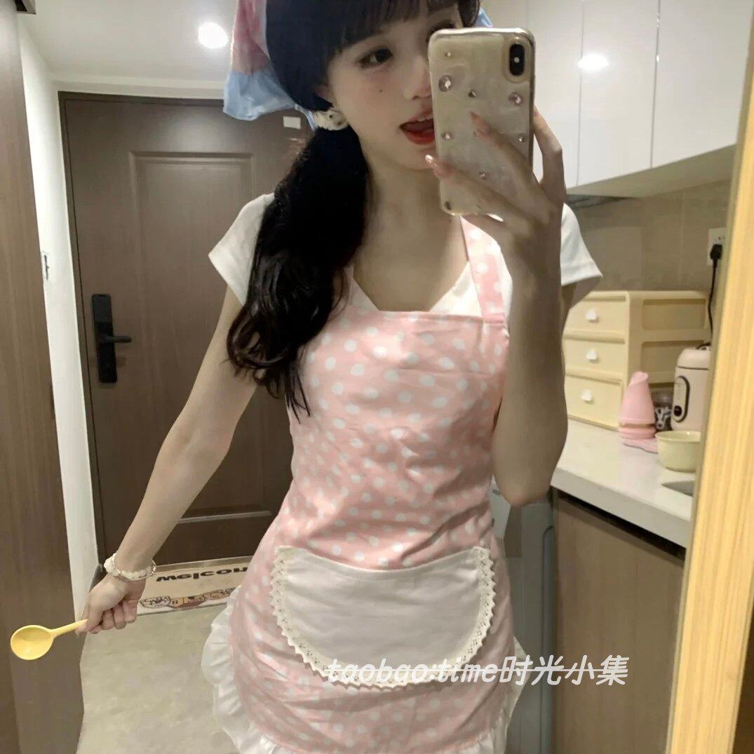 ins新款少女心波点围裙可爱高颜值公主风家用防污耐磨围腰罩衣服