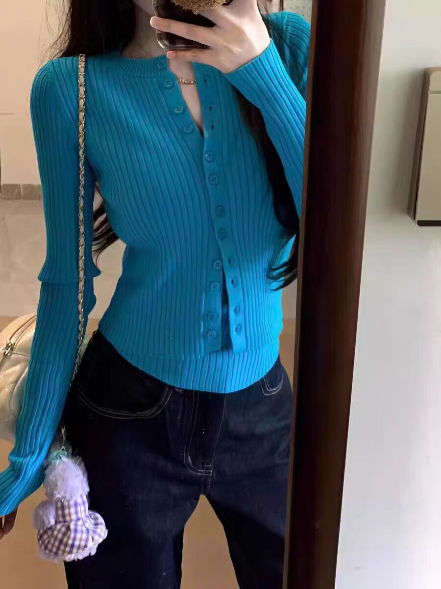 纯欲辣妹蓝色针织吊带开衫套装女2025开春季新款毛衣外搭外套上衣