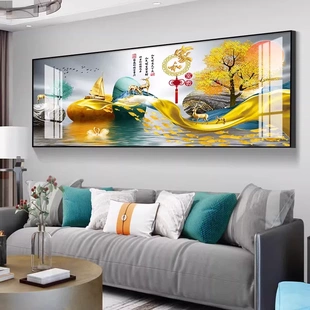 现代简约沙发背景墙挂画新中式 室内大厅山水镶钻画 饰画横版 客厅装