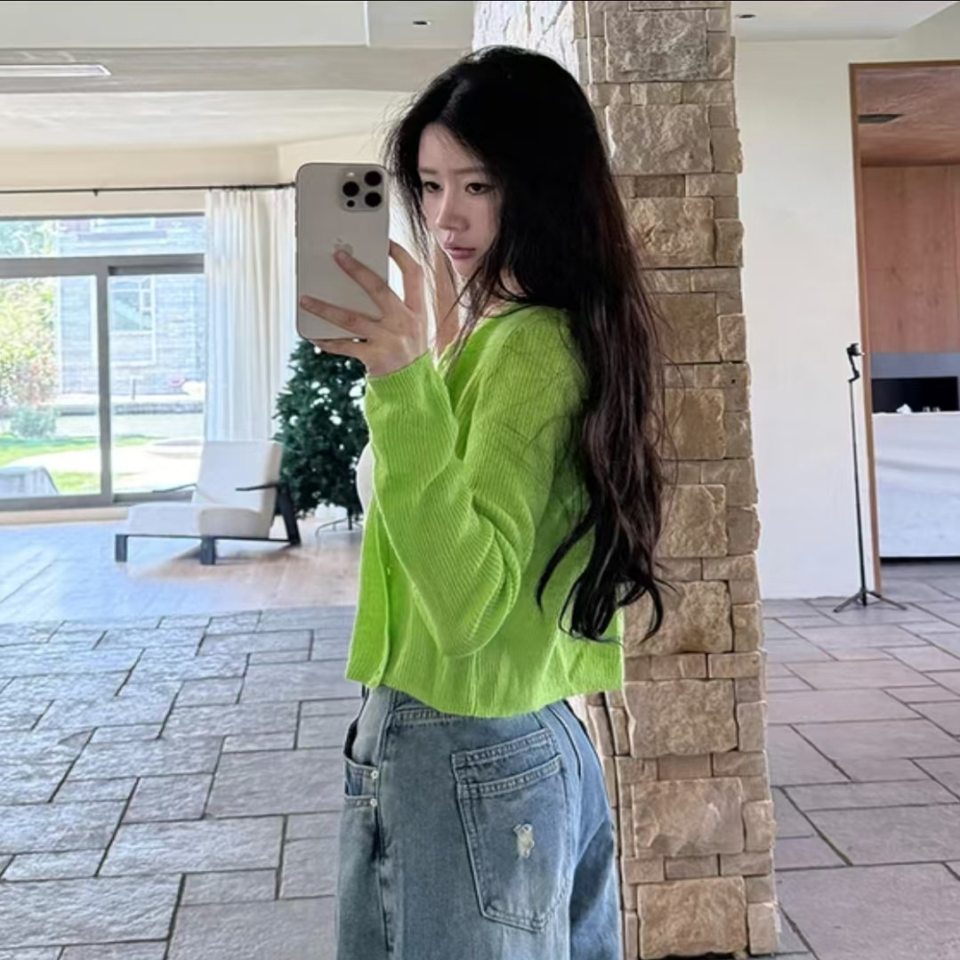 法式果绿针织开衫女春季新款小个子温柔减龄气质短款上衣薄款外套