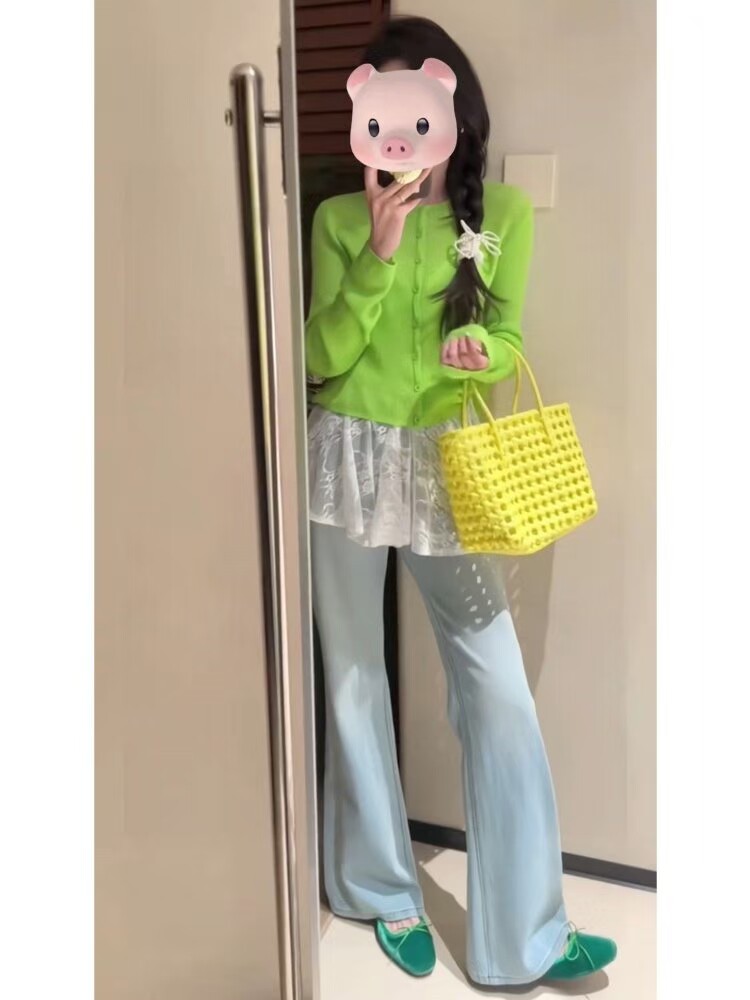 韩系绿色薄款针织开衫女2025新款小个子短款外搭长袖罩衫显瘦上衣