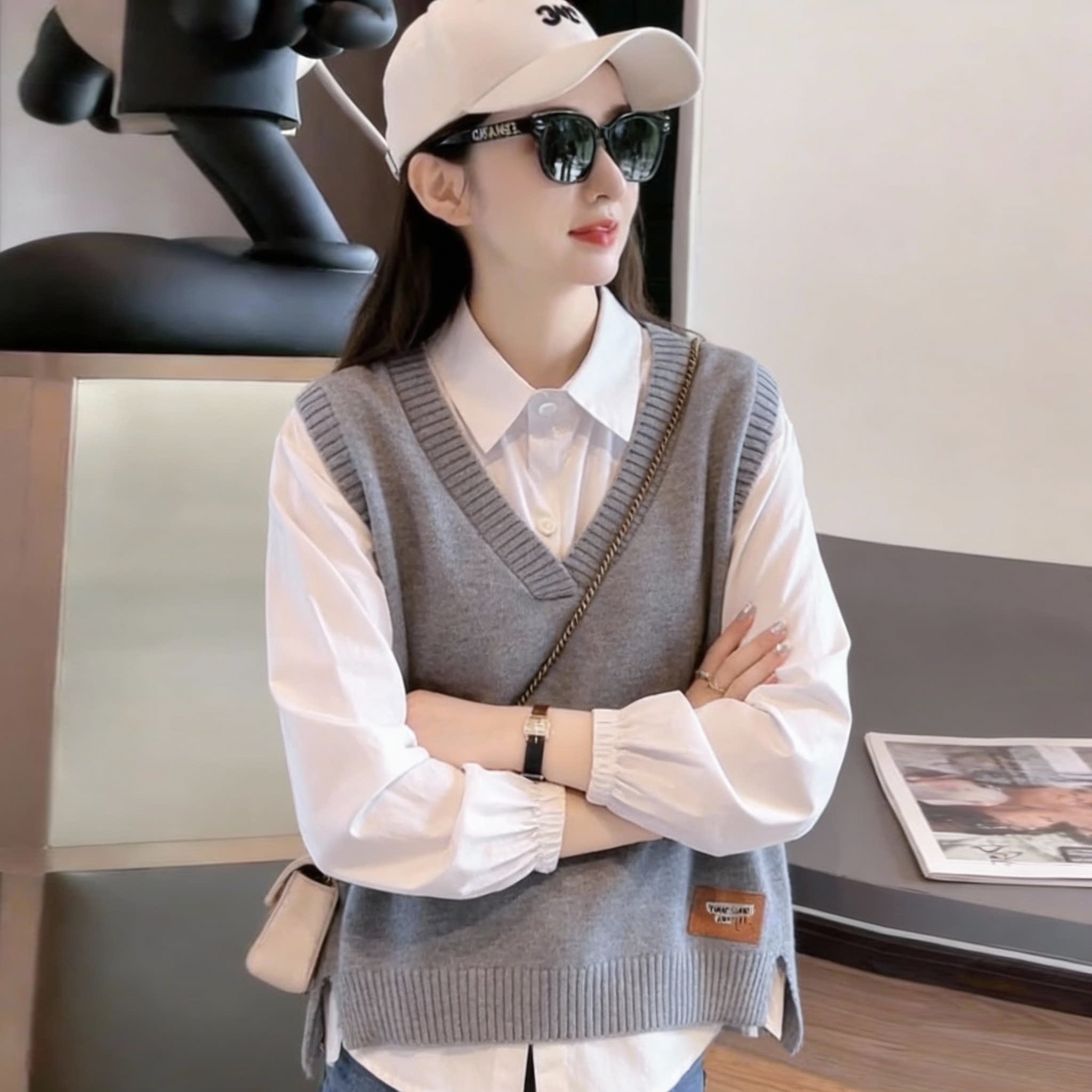 2026春秋两件套头马甲+衬衫针织羊绒女V领纯色无袖毛衣背心马夹