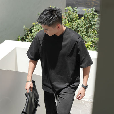 空气棉正肩短袖t恤男夏季美式重磅宽松小领口拼接boxy版型体恤衫