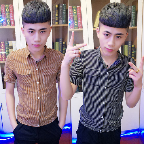 网红时尚社会精神小伙短袖衬衫