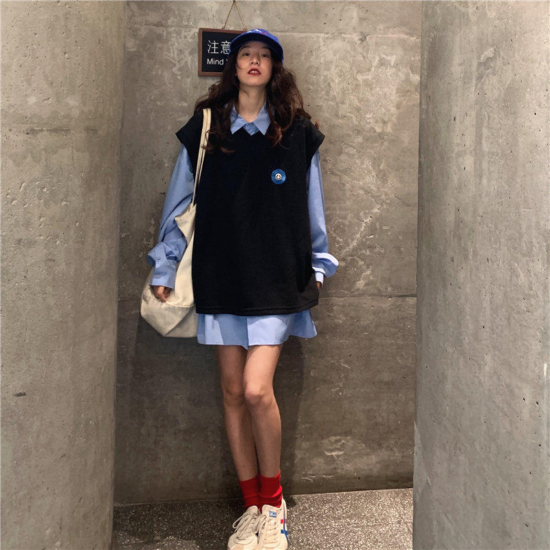 春秋新款宽松BF针织套头马甲背心无袖中长款衬衫oversize两件套女
