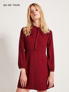 酒红色高腰蝴蝶结连衣裙2025年秋冬复古纯色A字短裙子 DETOUR