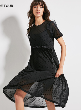 QU DETOUR 法式浪漫黑色圆点连衣裙女短袖A字裙度假风显瘦中长款