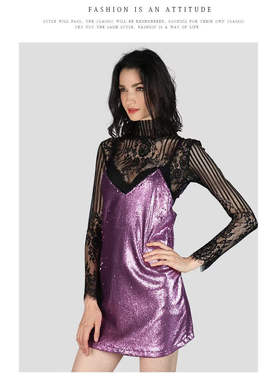 QU DETOUR 性感亮片吊带连衣裙女紫色拼接长袖设计感A字裙